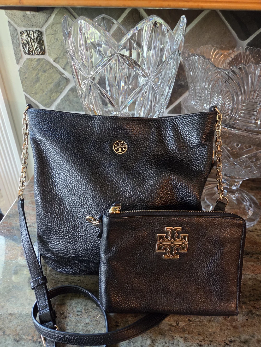 Tory Burch Black Pebbled Leather Crossbody with Matching Wristlet